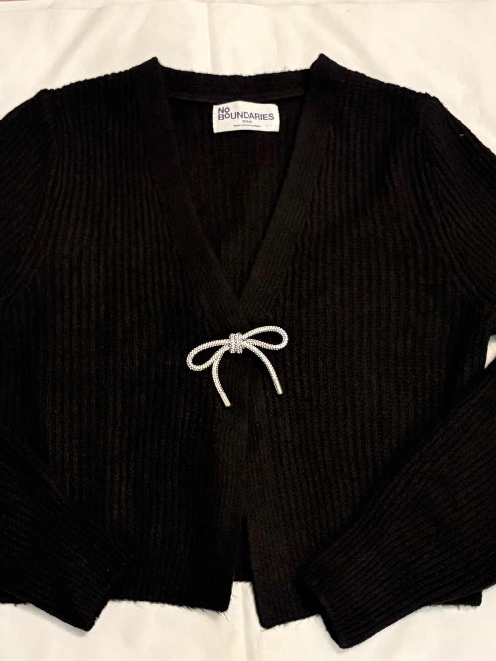 No Boundaries Black Ribbed V-Neck Cardigan Sweater with Silver Bow Tie